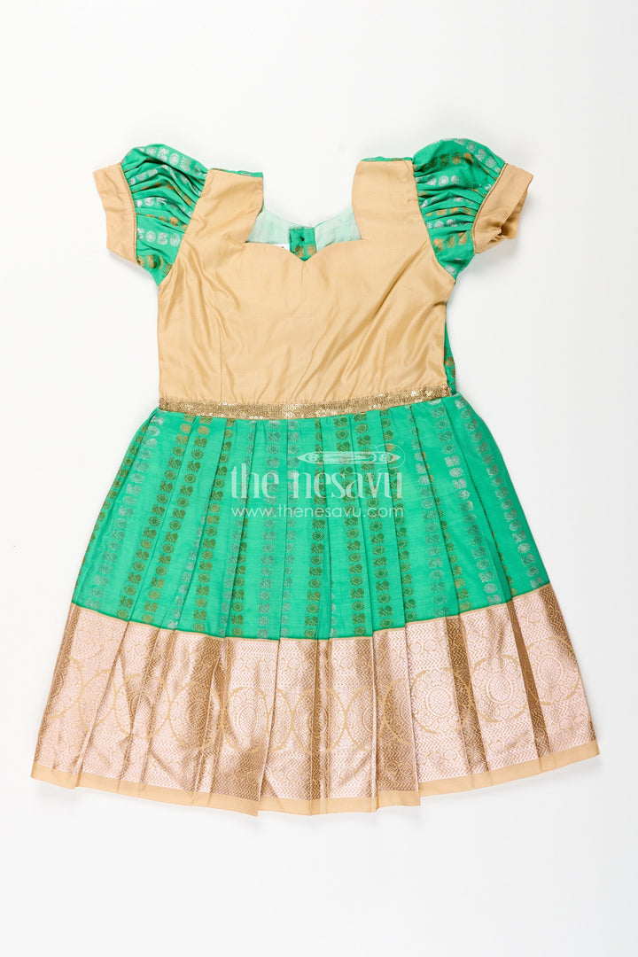 The Nesavu Girls Kanchi Silk Frock Baby Girl Kanchipuram Silk Frock for Festive and Wedding Occasions Nesavu 14 (6M) / Green / Style 3 SF843IC-14 Nesavu baby girl kanchipuram silk frock in green and gold for weddings and festive wear