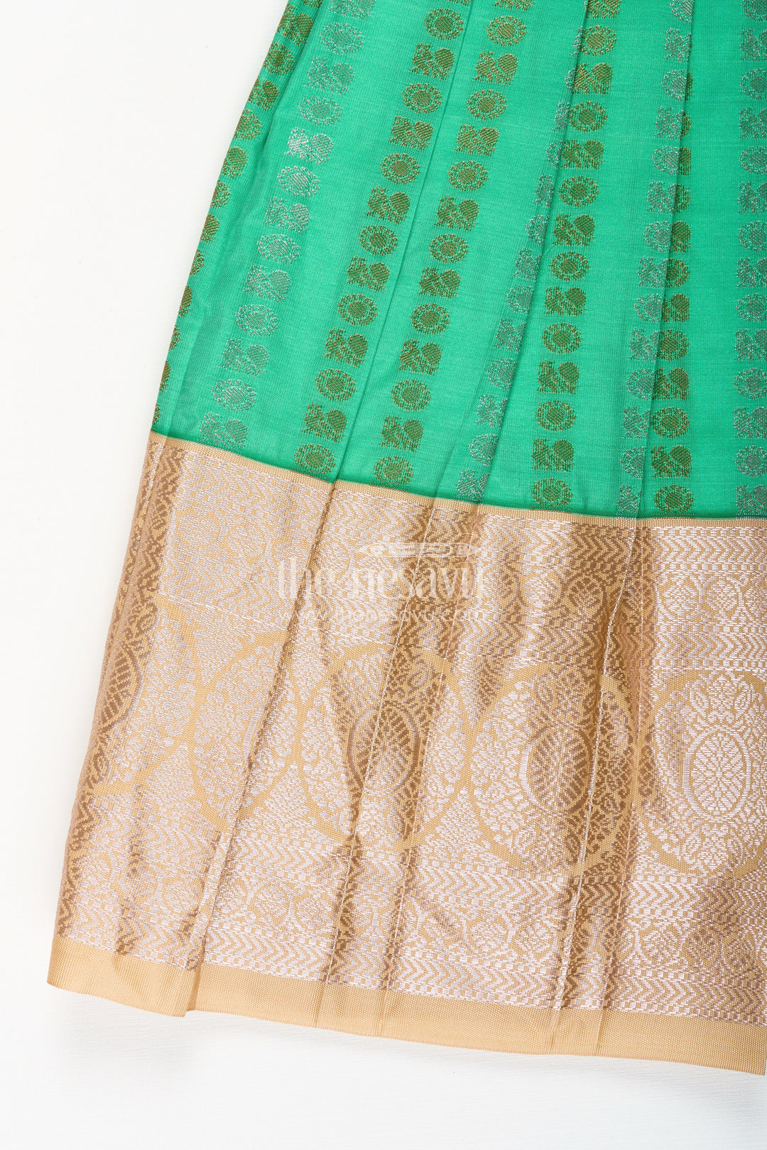 The Nesavu Girls Kanchi Silk Frock Baby girl kanchipuram silk frock for festive and wedding occasions Nesavu Nesavu baby girl kanchipuram silk frock in green and gold for weddings and festive wear