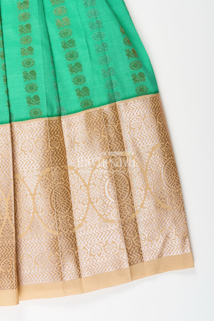 The Nesavu Girls Kanchi Silk Frock Baby Girl Kanchipuram Silk Frock for Festive and Wedding Occasions Nesavu Nesavu baby girl kanchipuram silk frock in green and gold for weddings and festive wear