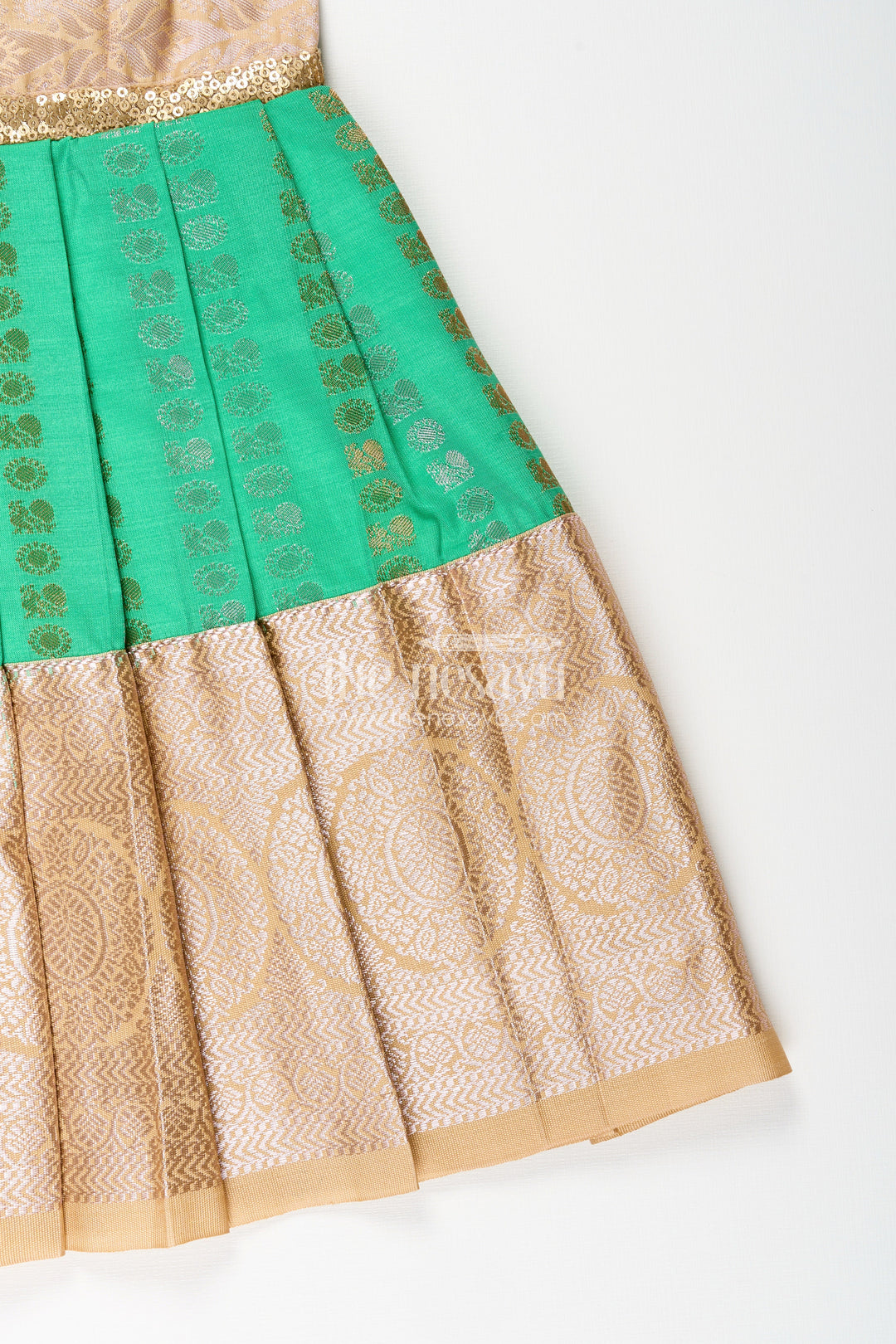 The Nesavu Girls Kanchi Silk Frock Baby Girl Kanchipuram Silk Frock for Festive and Wedding Occasions Nesavu Nesavu baby girl kanchipuram silk frock in green and gold for weddings and festive wear