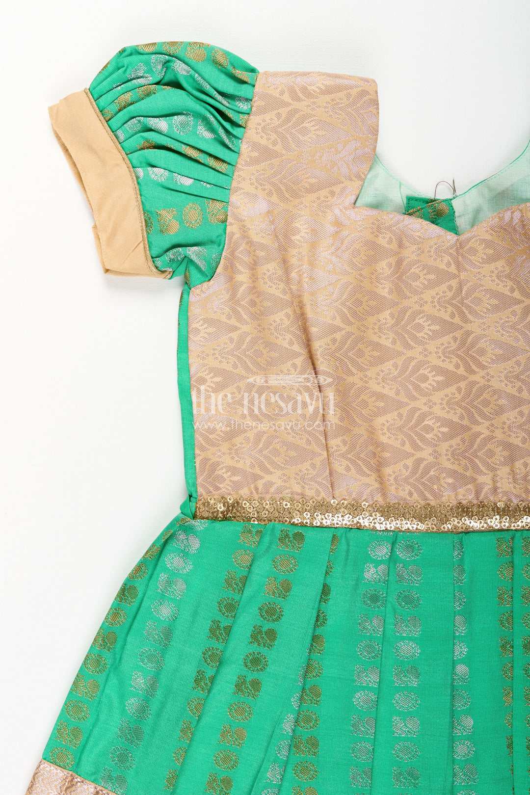 The Nesavu Girls Kanchi Silk Frock Baby Girl Kanchipuram Silk Frock for Festive and Wedding Occasions Nesavu Nesavu baby girl kanchipuram silk frock in green and gold for weddings and festive wear