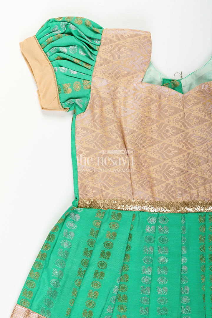 The Nesavu Girls Kanchi Silk Frock Baby Girl Kanchipuram Silk Frock for Festive and Wedding Occasions Nesavu Nesavu baby girl kanchipuram silk frock in green and gold for weddings and festive wear