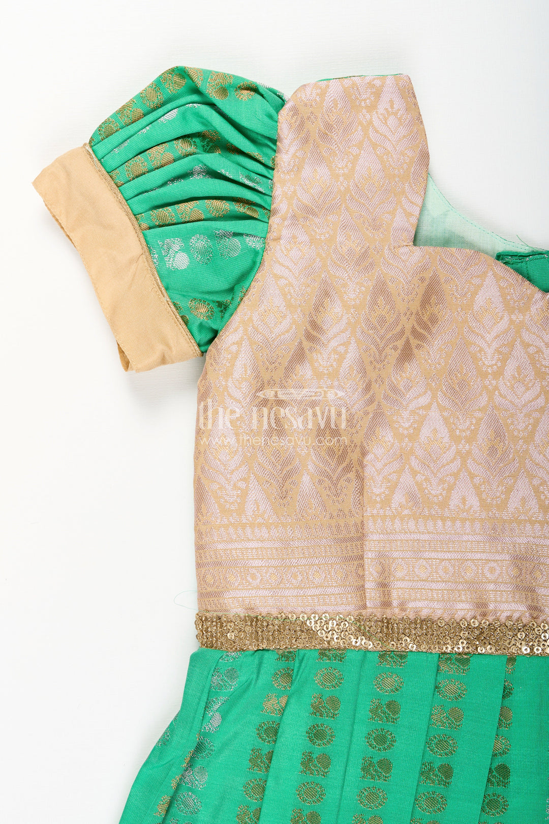 The Nesavu Girls Kanchi Silk Frock Baby Girl Kanchipuram Silk Frock for Festive and Wedding Occasions Nesavu Nesavu baby girl kanchipuram silk frock in green and gold for weddings and festive wear