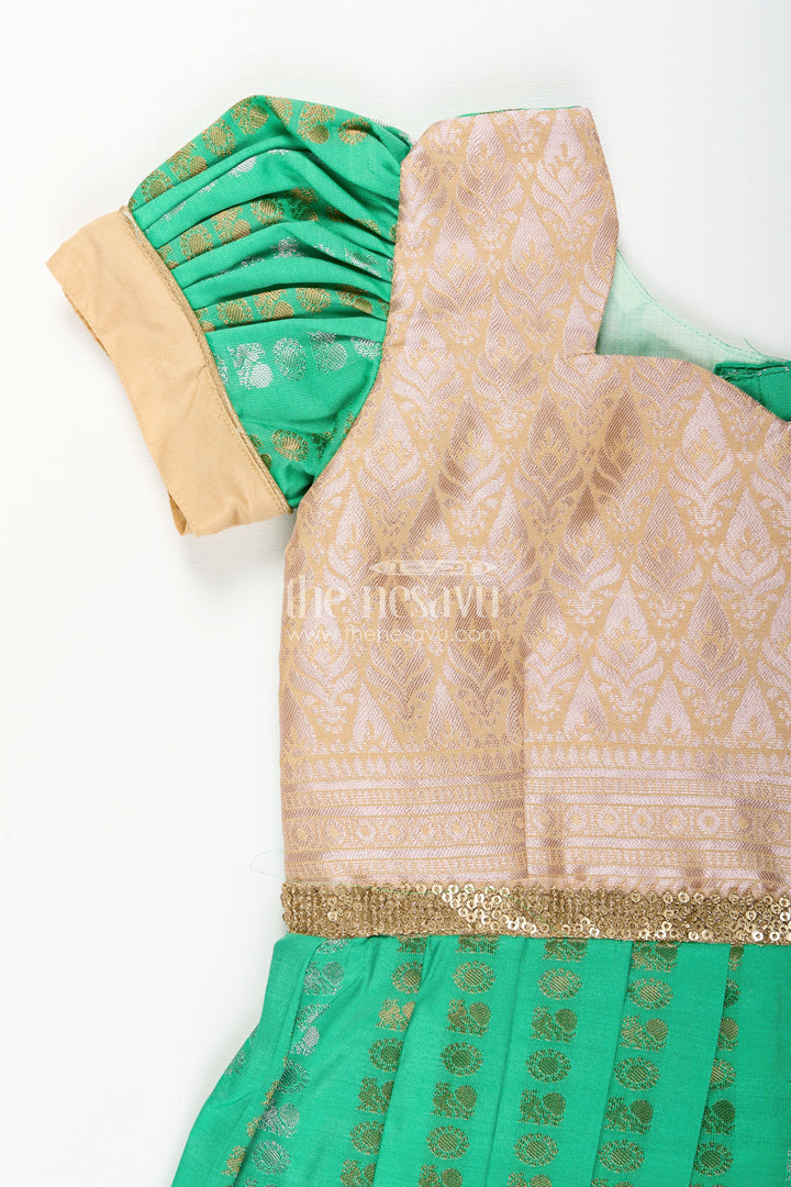 The Nesavu Girls Kanchi Silk Frock Baby Girl Kanchipuram Silk Frock for Festive and Wedding Occasions Nesavu Nesavu baby girl kanchipuram silk frock in green and gold for weddings and festive wear