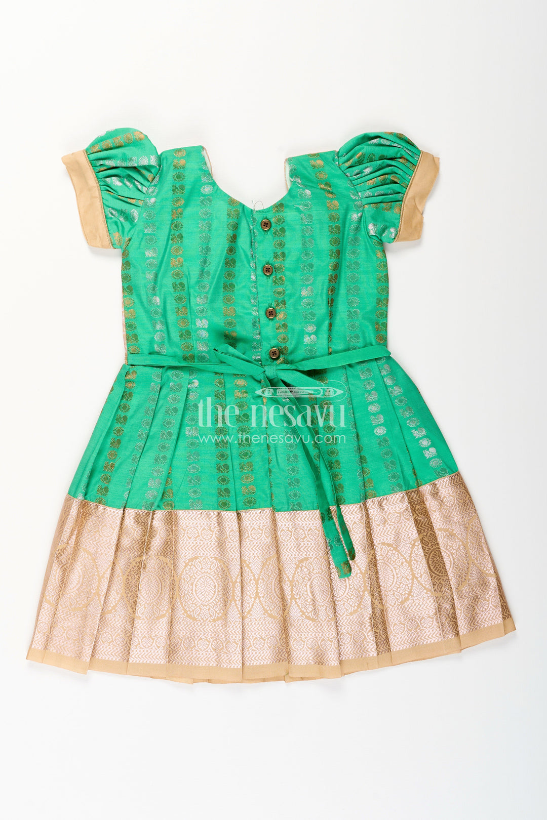 The Nesavu Girls Kanchi Silk Frock Baby Girl Kanchipuram Silk Frock for Festive and Wedding Occasions Nesavu Nesavu baby girl kanchipuram silk frock in green and gold for weddings and festive wear