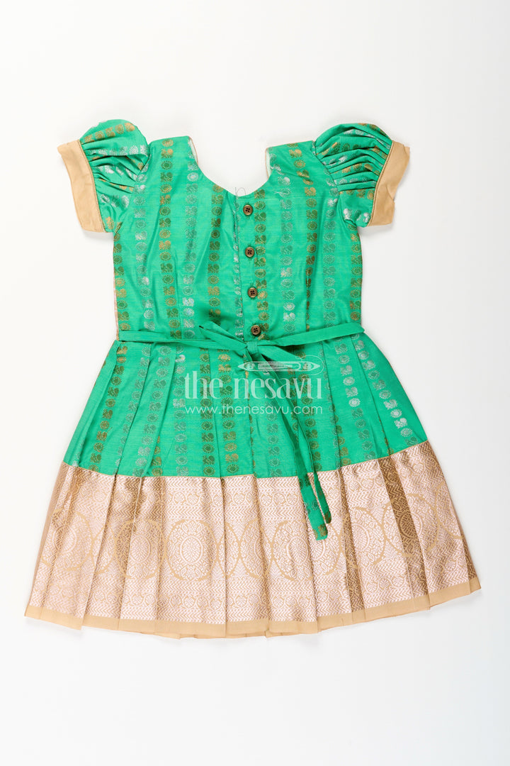 The Nesavu Girls Kanchi Silk Frock Baby Girl Kanchipuram Silk Frock for Festive and Wedding Occasions Nesavu Nesavu baby girl kanchipuram silk frock in green and gold for weddings and festive wear