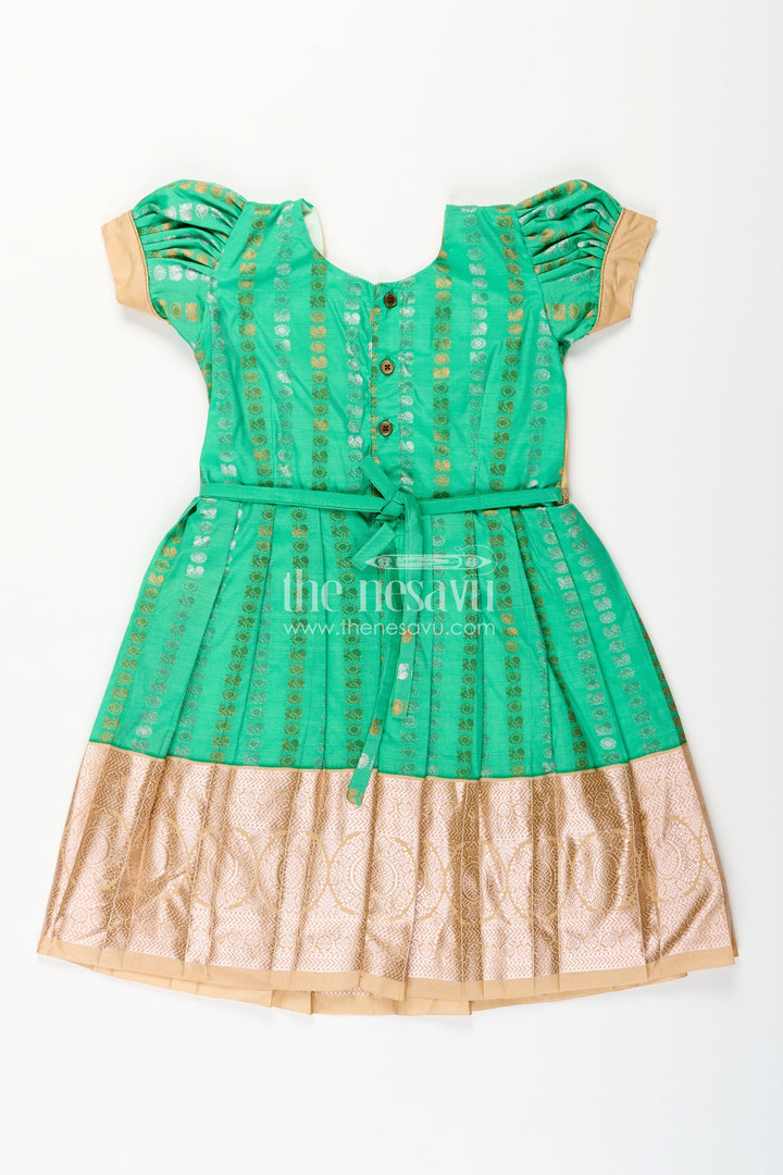 The Nesavu Girls Kanchi Silk Frock Baby Girl Kanchipuram Silk Frock for Festive and Wedding Occasions Nesavu Nesavu baby girl kanchipuram silk frock in green and gold for weddings and festive wear