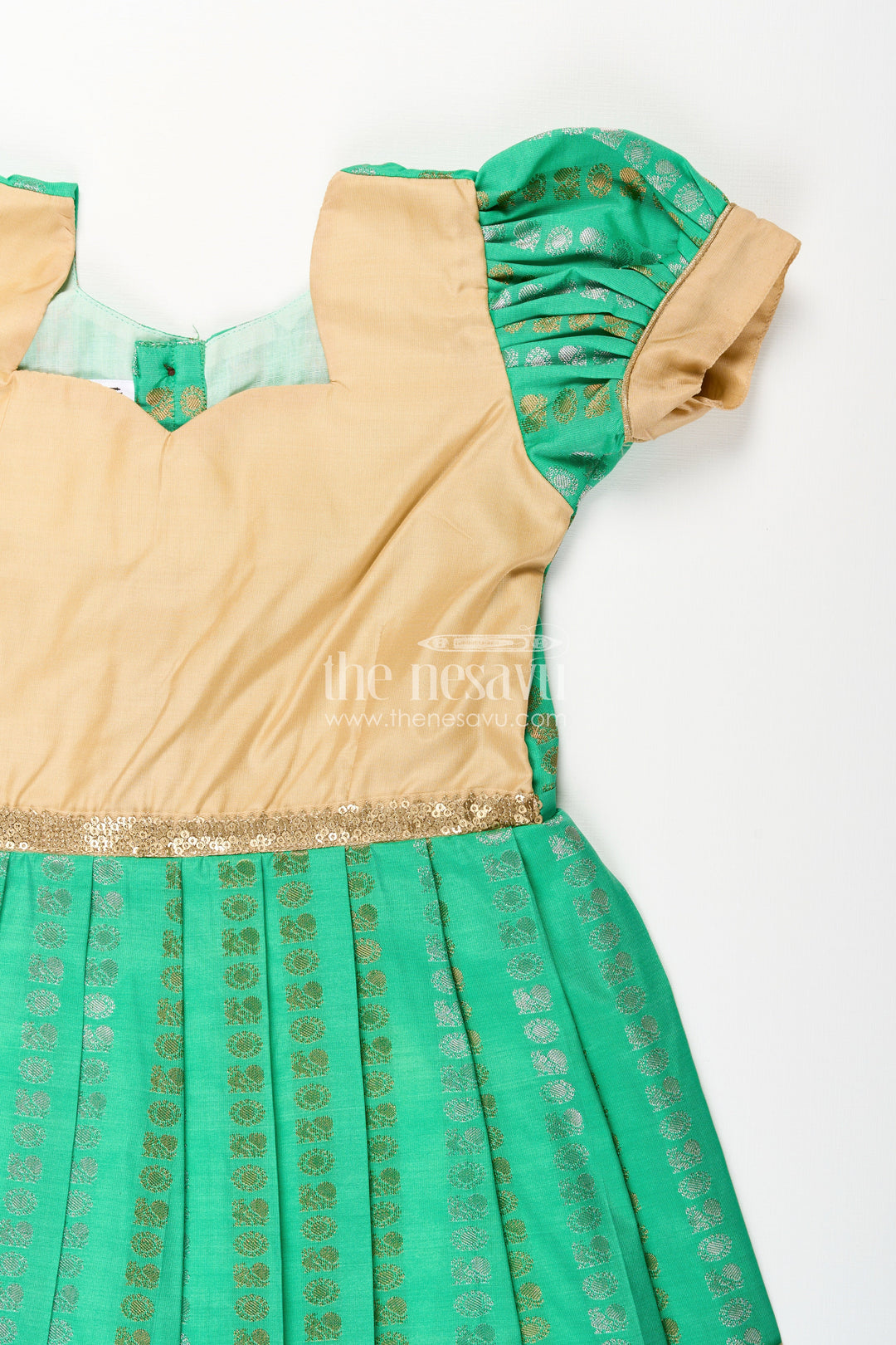 The Nesavu Girls Kanchi Silk Frock Baby Girl Kanchipuram Silk Frock for Festive and Wedding Occasions Nesavu Nesavu baby girl kanchipuram silk frock in green and gold for weddings and festive wear