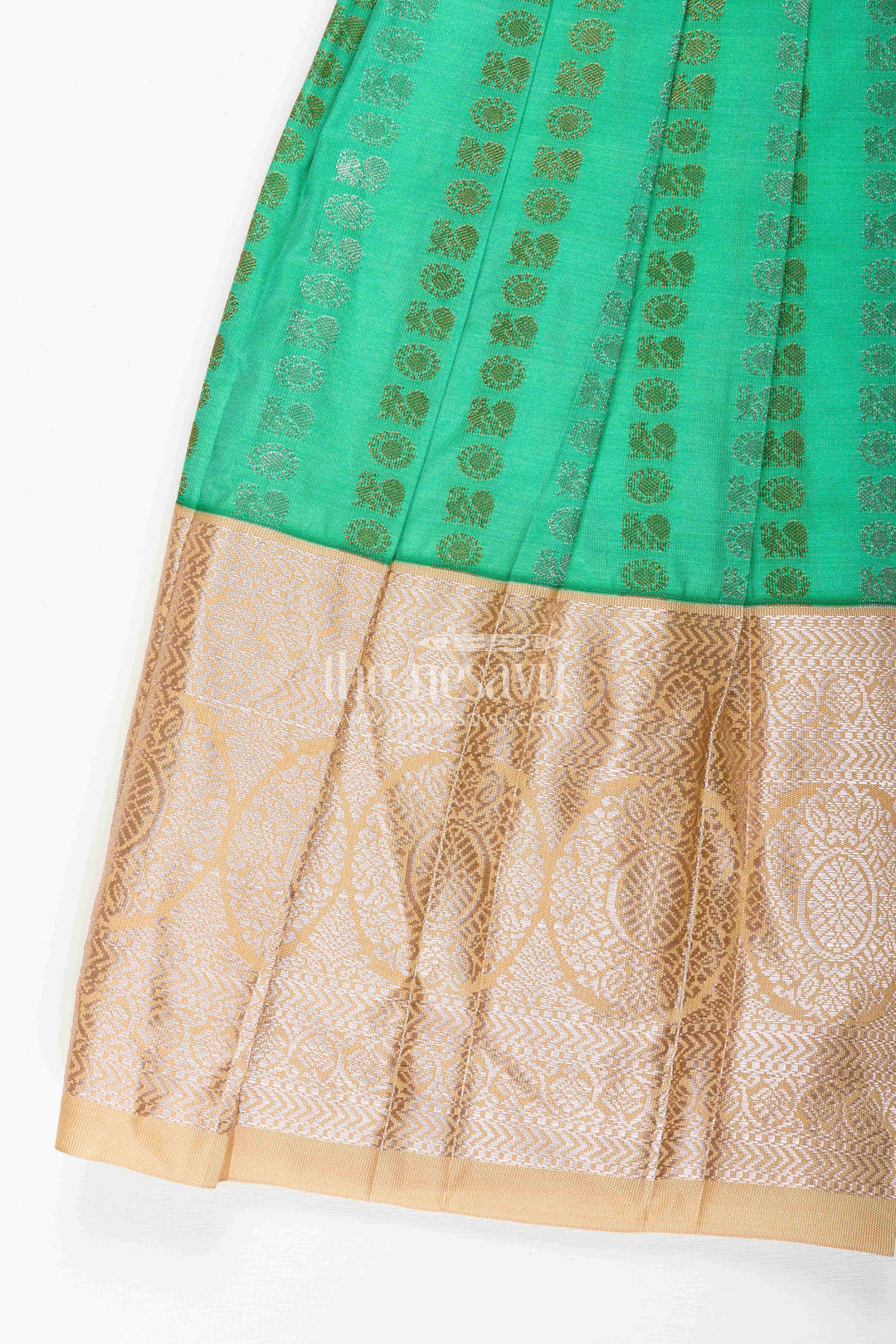 The Nesavu Girls Kanchi Silk Frock Baby Girl Kanchipuram Silk Frock for Festive and Wedding Occasions Nesavu Nesavu baby girl kanchipuram silk frock in green and gold for weddings and festive wear