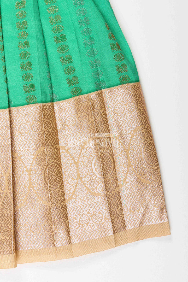 The Nesavu Girls Kanchi Silk Frock Baby Girl Kanchipuram Silk Frock for Festive and Wedding Occasions Nesavu Nesavu baby girl kanchipuram silk frock in green and gold for weddings and festive wear