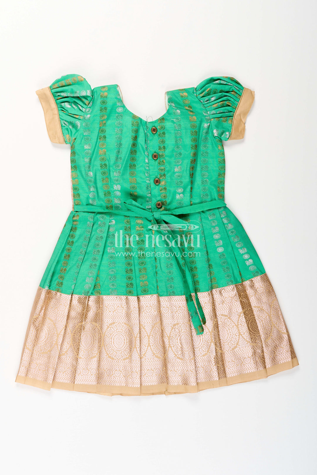 The Nesavu Girls Kanchi Silk Frock Baby Girl Kanchipuram Silk Frock for Festive and Wedding Occasions Nesavu Nesavu baby girl kanchipuram silk frock in green and gold for weddings and festive wear
