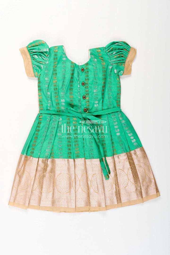 The Nesavu Girls Kanchi Silk Frock Baby Girl Kanchipuram Silk Frock for Festive and Wedding Occasions Nesavu Nesavu baby girl kanchipuram silk frock in green and gold for weddings and festive wear
