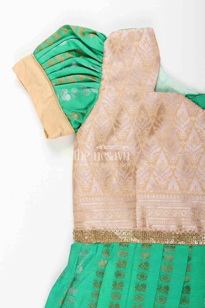 The Nesavu Girls Kanchi Silk Frock Baby Girl Kanchipuram Silk Frock for Festive and Wedding Occasions Nesavu Nesavu baby girl kanchipuram silk frock in green and gold for weddings and festive wear
