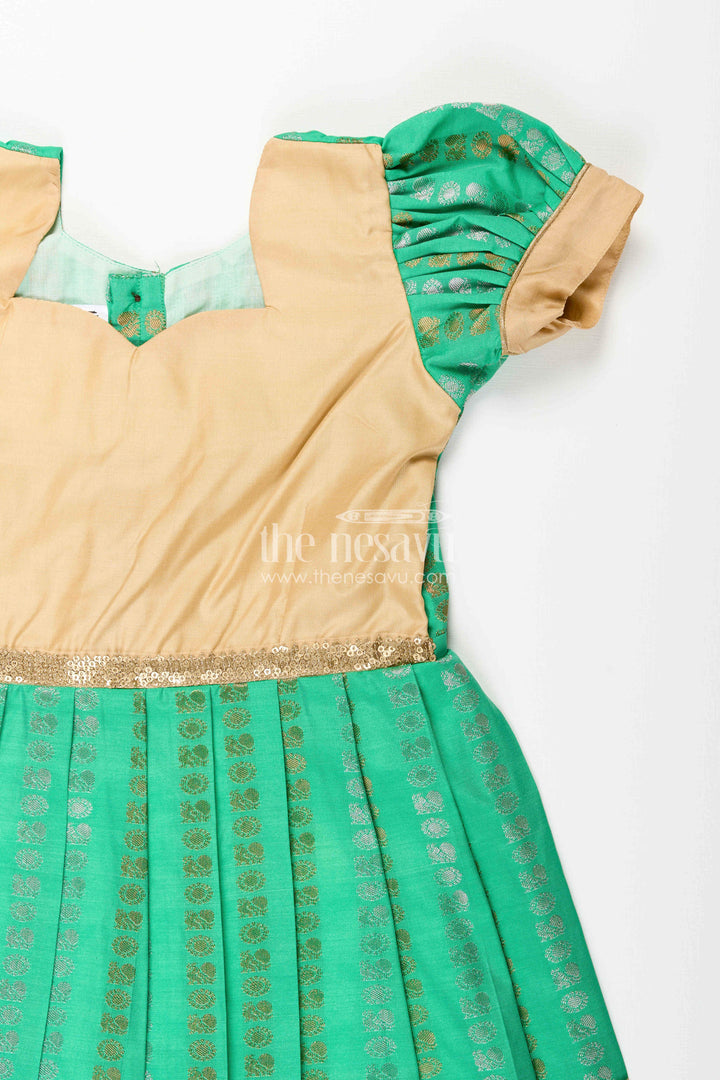 The Nesavu Girls Kanchi Silk Frock Baby Girl Kanchipuram Silk Frock for Festive and Wedding Occasions Nesavu Nesavu baby girl kanchipuram silk frock in green and gold for weddings and festive wear