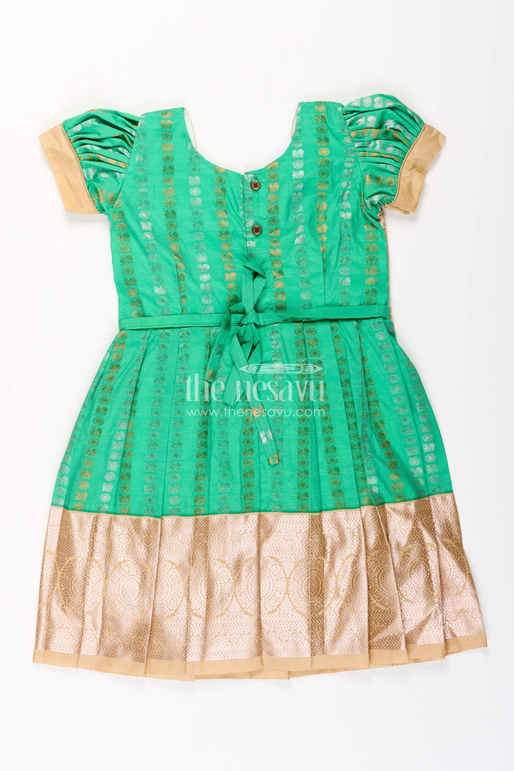 The Nesavu Girls Kanchi Silk Frock Baby Girl Kanchipuram Silk Frock for Festive and Wedding Occasions Nesavu Nesavu baby girl kanchipuram silk frock in green and gold for weddings and festive wear