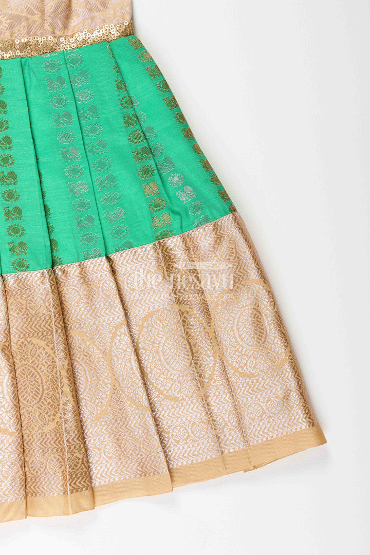 The Nesavu Girls Kanchi Silk Frock Baby Girl Kanchipuram Silk Frock for Festive and Wedding Occasions Nesavu Nesavu baby girl kanchipuram silk frock in green and gold for weddings and festive wear