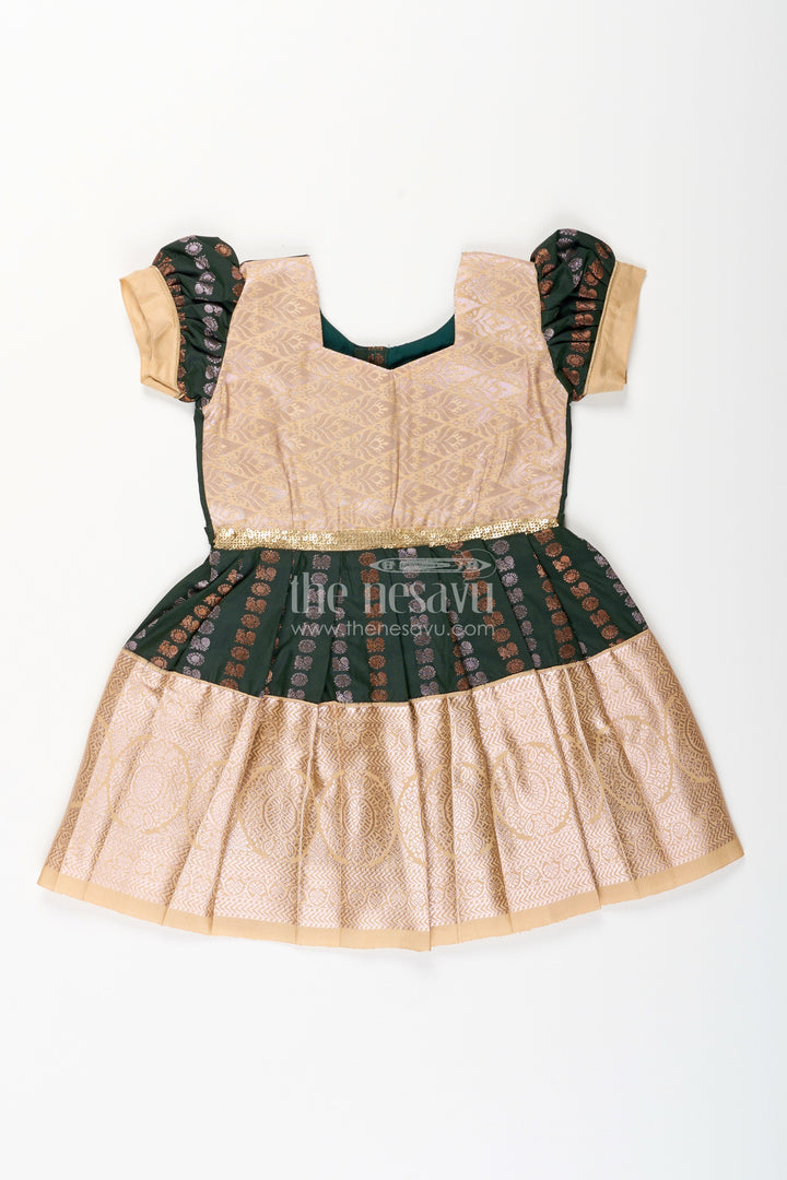 The Nesavu Girls Kanchi Silk Frock Baby Girl Kanchipuram Silk Frock for Festive and Wedding Wear Nesavu 14 (6M) / Green / Style 1 SF843DA-14 Nesavu baby girl kanchipuram silk frock in green and gold for weddings and festive wear