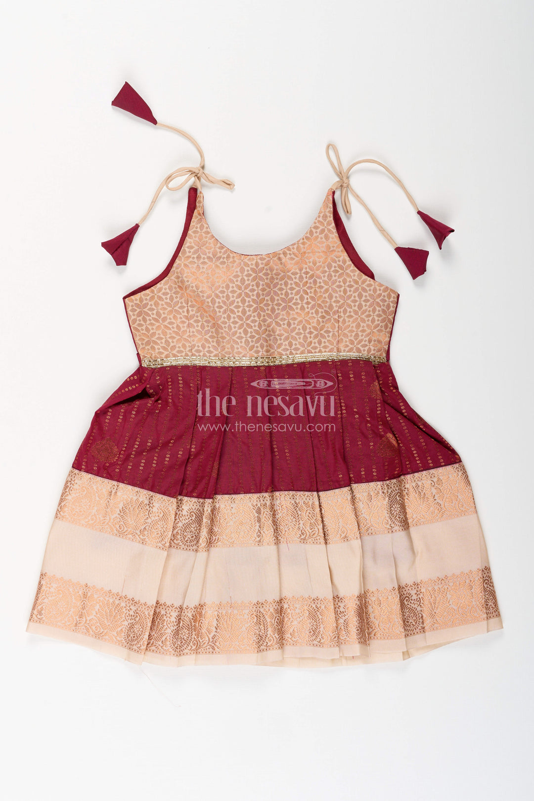 The Nesavu Girls Kanchi Silk Frock Baby Girl Kanchipuram Silk Frock for Festive and Wedding Wear Nesavu 14 (6M) / Maroon / Style 1 SF993AA-14 Nesavu baby girl kanchipuram silk frock in maroon and gold for weddings and festive celebrations