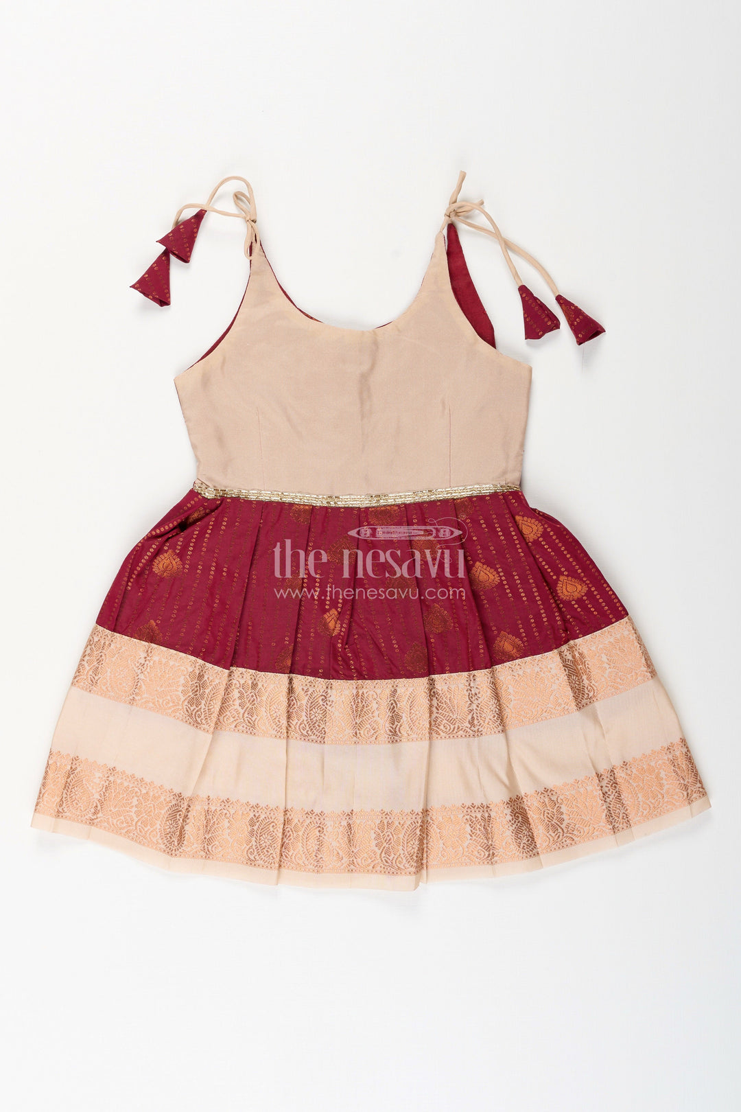 The Nesavu Girls Kanchi Silk Frock Baby Girl Kanchipuram Silk Frock for Festive and Wedding Wear Nesavu 14 (6M) / Maroon / Style 2 SF993AB-14 Nesavu baby girl kanchipuram silk frock in maroon and gold for weddings and festive celebrations