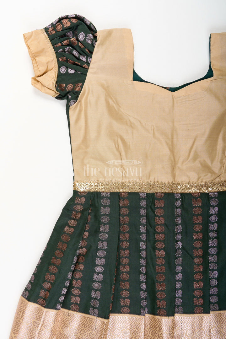 The Nesavu Girls Kanchi Silk Frock Baby Girl Kanchipuram Silk Frock for Festive and Wedding Wear Nesavu Nesavu baby girl kanchipuram silk frock in green and gold for weddings and festive wear