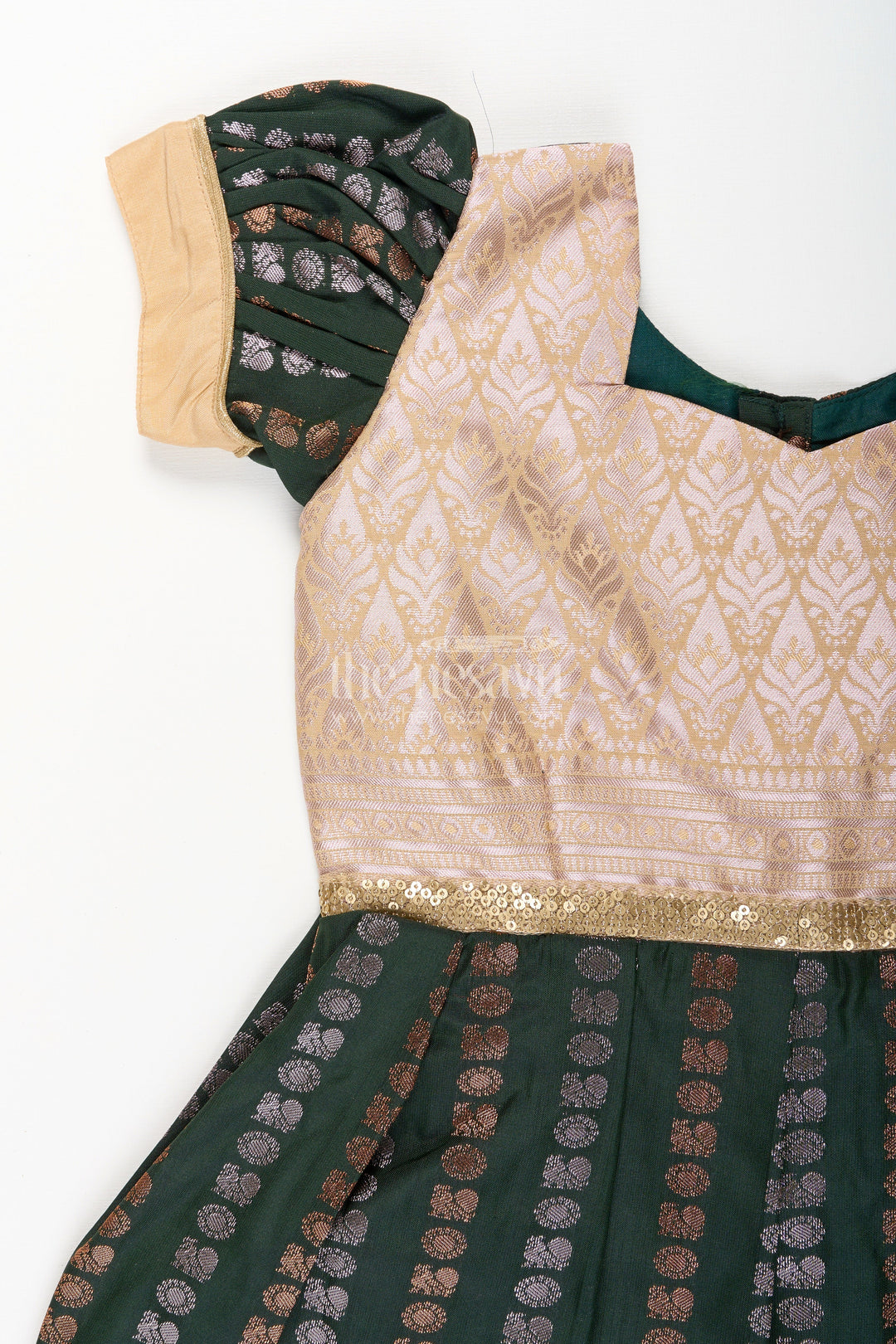 The Nesavu Girls Kanchi Silk Frock Baby Girl Kanchipuram Silk Frock for Festive and Wedding Wear Nesavu Nesavu baby girl kanchipuram silk frock in green and gold for weddings and festive wear