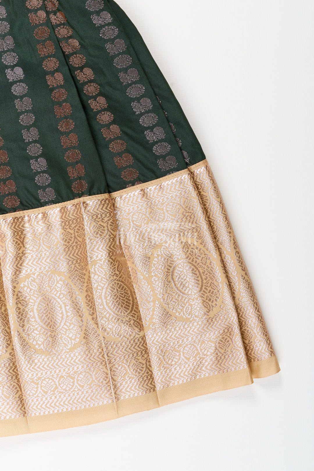 The Nesavu Girls Kanchi Silk Frock Baby Girl Kanchipuram Silk Frock for Festive and Wedding Wear Nesavu Nesavu baby girl kanchipuram silk frock in green and gold for weddings and festive wear