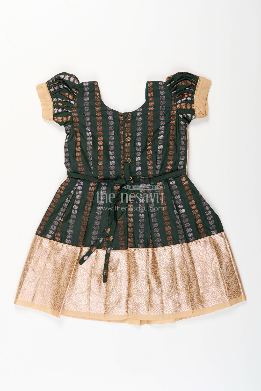 The Nesavu Girls Kanchi Silk Frock Baby Girl Kanchipuram Silk Frock for Festive and Wedding Wear Nesavu Nesavu baby girl kanchipuram silk frock in green and gold for weddings and festive wear