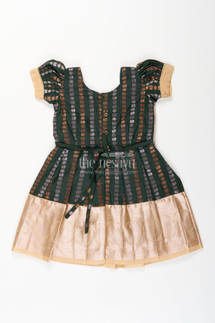 The Nesavu Girls Kanchi Silk Frock Baby Girl Kanchipuram Silk Frock for Festive and Wedding Wear Nesavu Nesavu baby girl kanchipuram silk frock in green and gold for weddings and festive wear