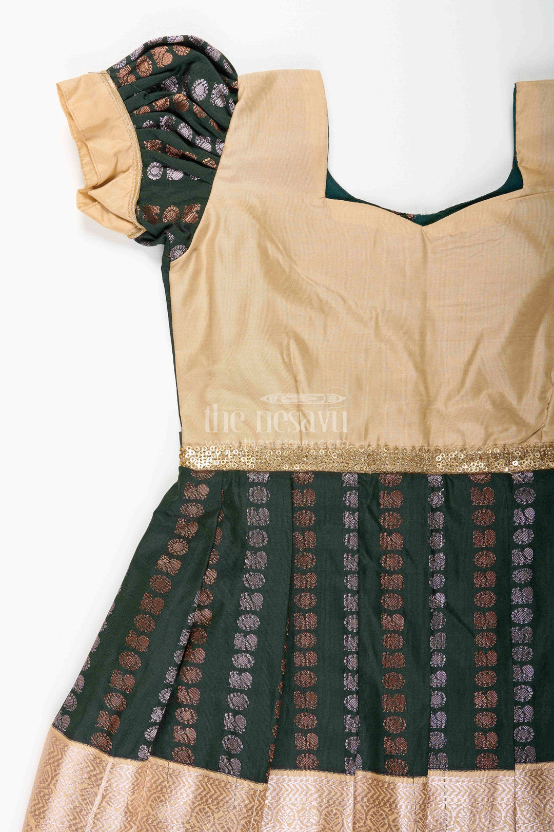 The Nesavu Girls Kanchi Silk Frock Baby Girl Kanchipuram Silk Frock for Festive and Wedding Wear Nesavu Nesavu baby girl kanchipuram silk frock in green and gold for weddings and festive wear
