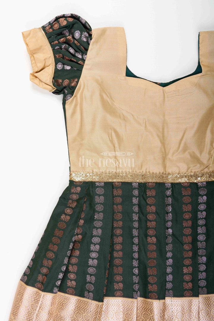 The Nesavu Girls Kanchi Silk Frock Baby Girl Kanchipuram Silk Frock for Festive and Wedding Wear Nesavu Nesavu baby girl kanchipuram silk frock in green and gold for weddings and festive wear