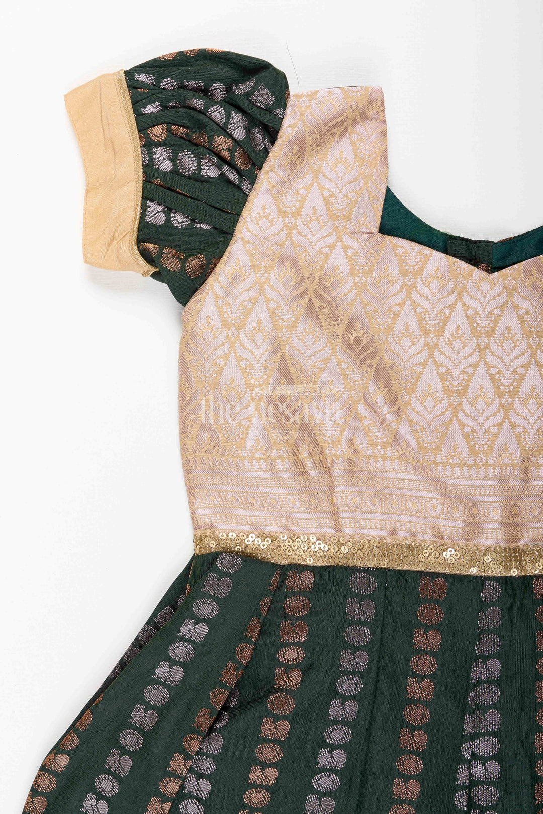 The Nesavu Girls Kanchi Silk Frock Baby Girl Kanchipuram Silk Frock for Festive and Wedding Wear Nesavu Nesavu baby girl kanchipuram silk frock in green and gold for weddings and festive wear