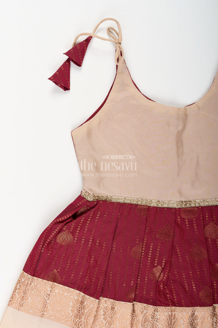 The Nesavu Girls Kanchi Silk Frock Baby Girl Kanchipuram Silk Frock for Festive and Wedding Wear Nesavu Nesavu baby girl kanchipuram silk frock in maroon and gold for weddings and festive celebrations