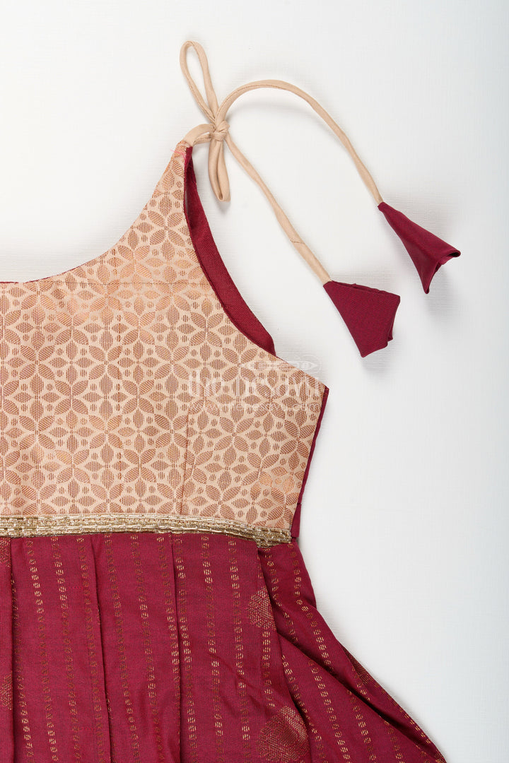 The Nesavu Girls Kanchi Silk Frock Baby Girl Kanchipuram Silk Frock for Festive and Wedding Wear Nesavu Nesavu baby girl kanchipuram silk frock in maroon and gold for weddings and festive celebrations