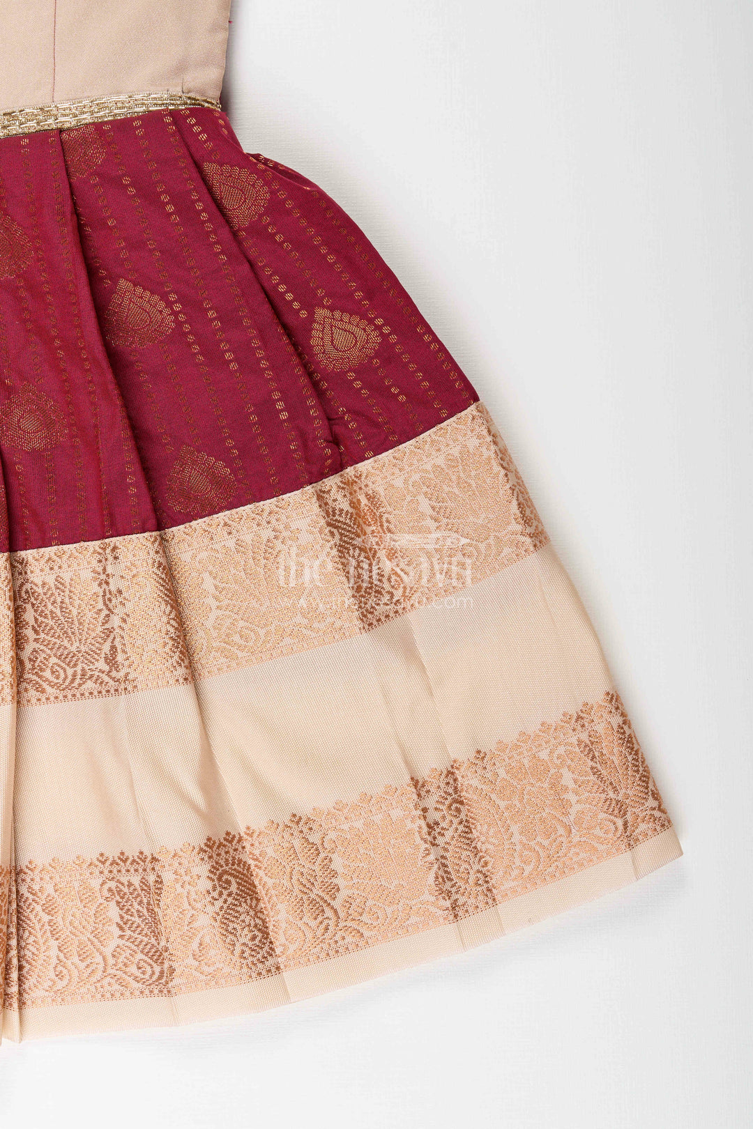 The Nesavu Girls Kanchi Silk Frock Baby Girl Kanchipuram Silk Frock for Festive and Wedding Wear Nesavu Nesavu baby girl kanchipuram silk frock in maroon and gold for weddings and festive celebrations