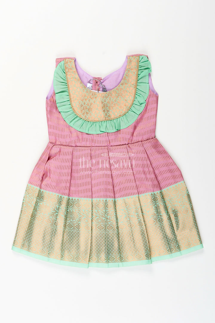 The Nesavu Girls Kanchi Silk Frock Baby girl kanchipuram silk frock for traditional and festive occasions Nesavu 16 (1Y) / Pink / Style 1 SF996DA-16 Nesavu baby girl kanchipuram silk frock in pink and green for weddings and festive celebrations