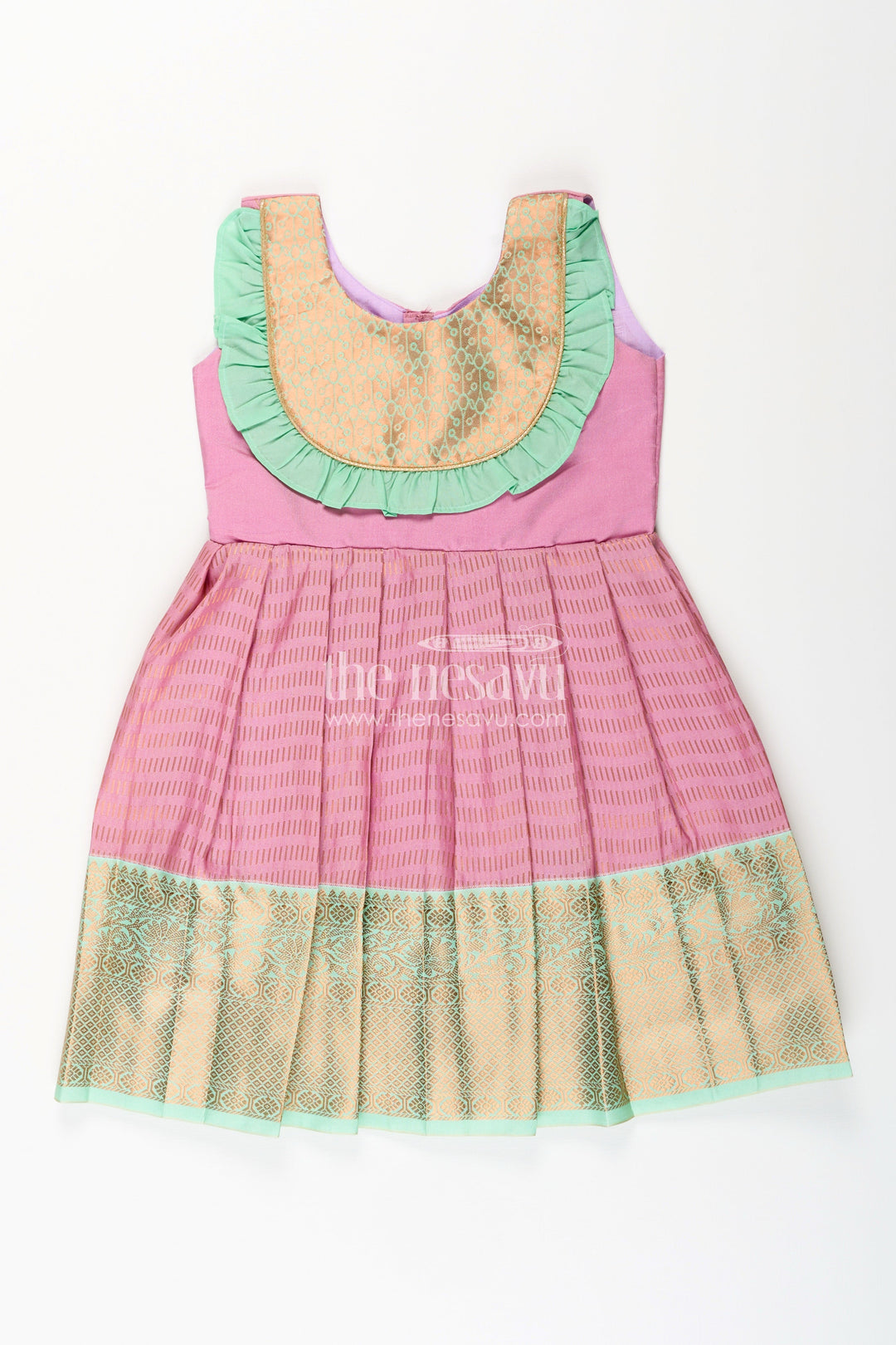 The Nesavu Girls Kanchi Silk Frock Baby girl kanchipuram silk frock for traditional and festive occasions Nesavu 16 (1Y) / Pink / Style 2 SF996DB-16 Nesavu baby girl kanchipuram silk frock in pink and green for weddings and festive celebrations