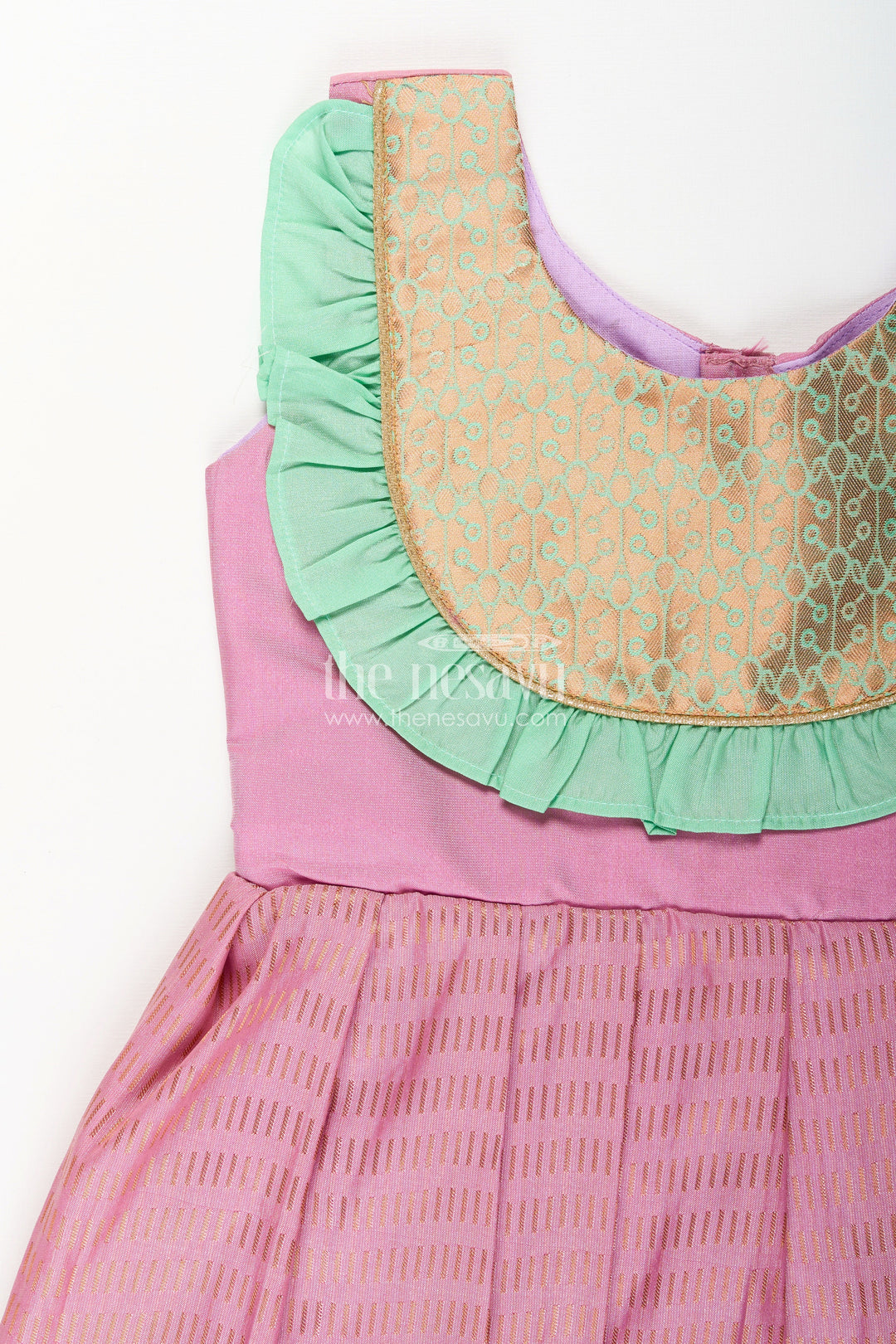 The Nesavu Girls Kanchi Silk Frock Baby Girl Kanchipuram Silk Frock for Traditional and Festive Occasions Nesavu Nesavu baby girl kanchipuram silk frock in pink and green for weddings and festive celebrations