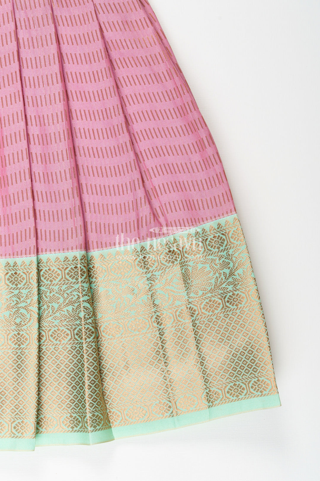 The Nesavu Girls Kanchi Silk Frock Baby Girl Kanchipuram Silk Frock for Traditional and Festive Occasions Nesavu Nesavu baby girl kanchipuram silk frock in pink and green for weddings and festive celebrations