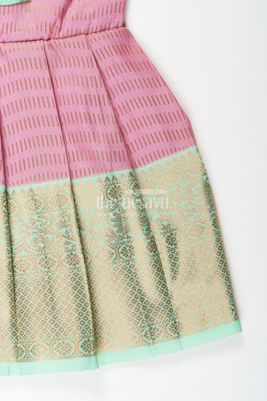The Nesavu Girls Kanchi Silk Frock Baby Girl Kanchipuram Silk Frock for Traditional and Festive Occasions Nesavu Nesavu baby girl kanchipuram silk frock in pink and green for weddings and festive celebrations