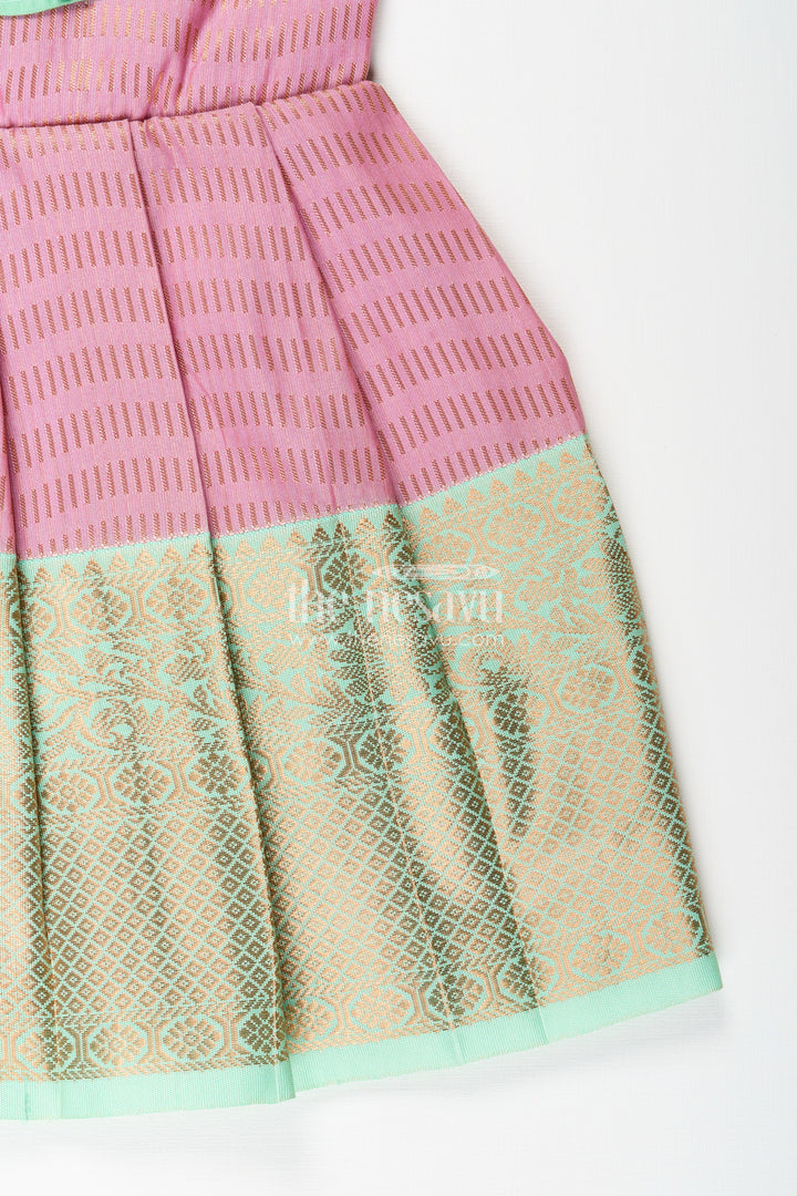 The Nesavu Girls Kanchi Silk Frock Baby Girl Kanchipuram Silk Frock for Traditional and Festive Occasions Nesavu Nesavu baby girl kanchipuram silk frock in pink and green for weddings and festive celebrations