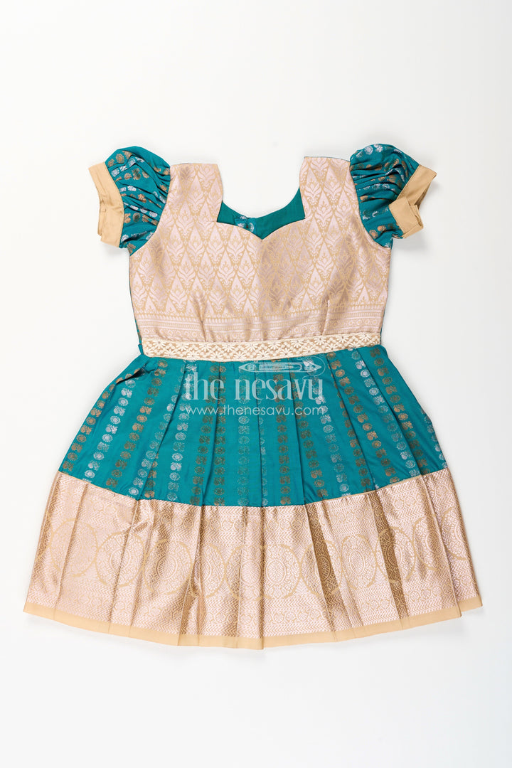 The Nesavu Girls Kanchi Silk Frock Baby Girl Kanchipuram Silk Frock for Traditional and Festive Wear Nesavu 14 (6M) / Green / Style 2 SF843GB-14 Nesavu baby girl kanchipuram silk frock in teal green and gold for festive and wedding wear
