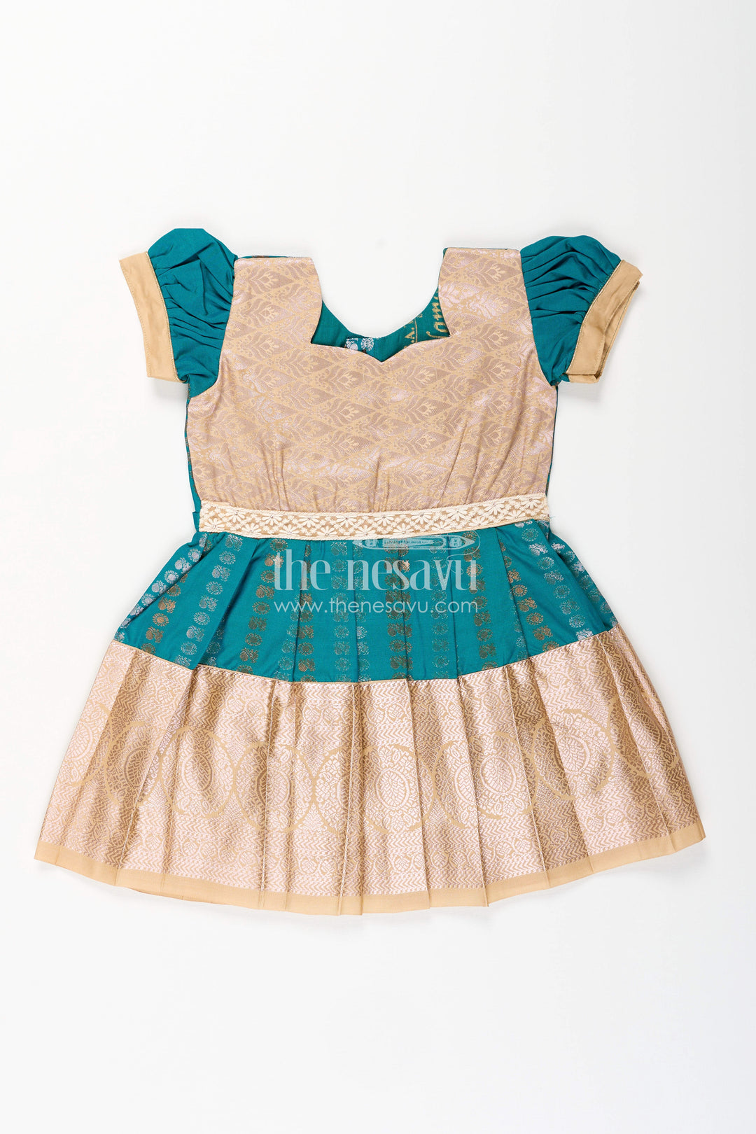 The Nesavu Girls Kanchi Silk Frock Baby Girl Kanchipuram Silk Frock for Traditional and Festive Wear Nesavu 14 (6M) / Green / Style 4 SF843GD-14 Nesavu baby girl kanchipuram silk frock in teal green and gold for festive and wedding wear