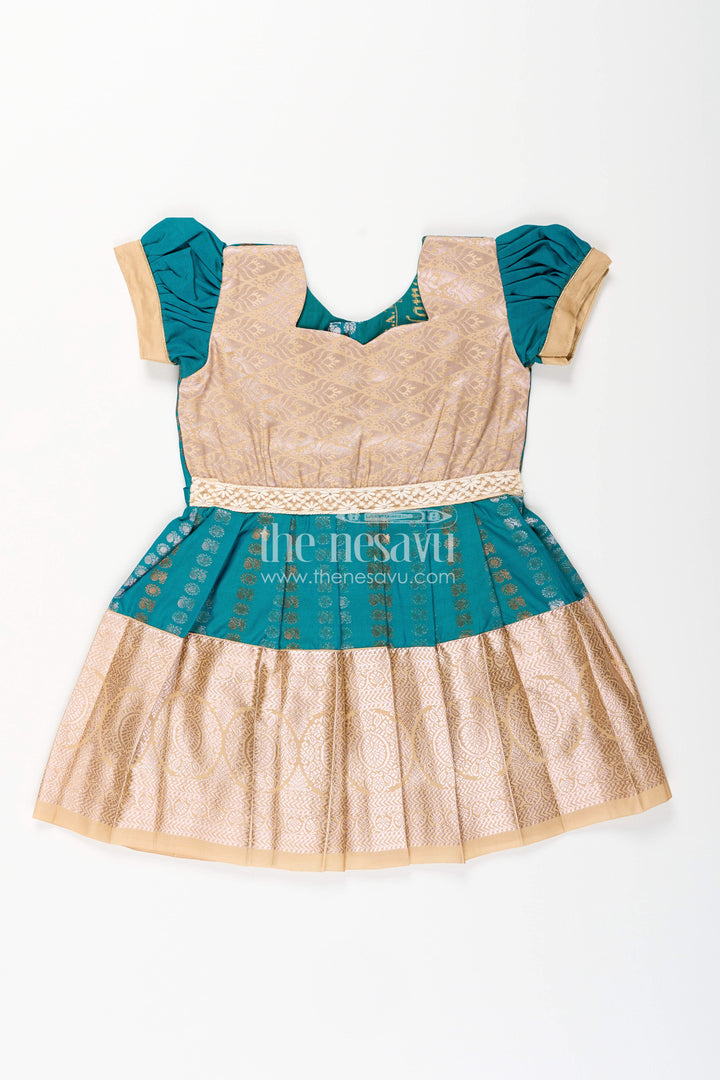 The Nesavu Girls Kanchi Silk Frock Baby Girl Kanchipuram Silk Frock for Traditional and Festive Wear Nesavu 14 (6M) / Green / Style 4 SF843GD-14 Nesavu baby girl kanchipuram silk frock in teal green and gold for festive and wedding wear