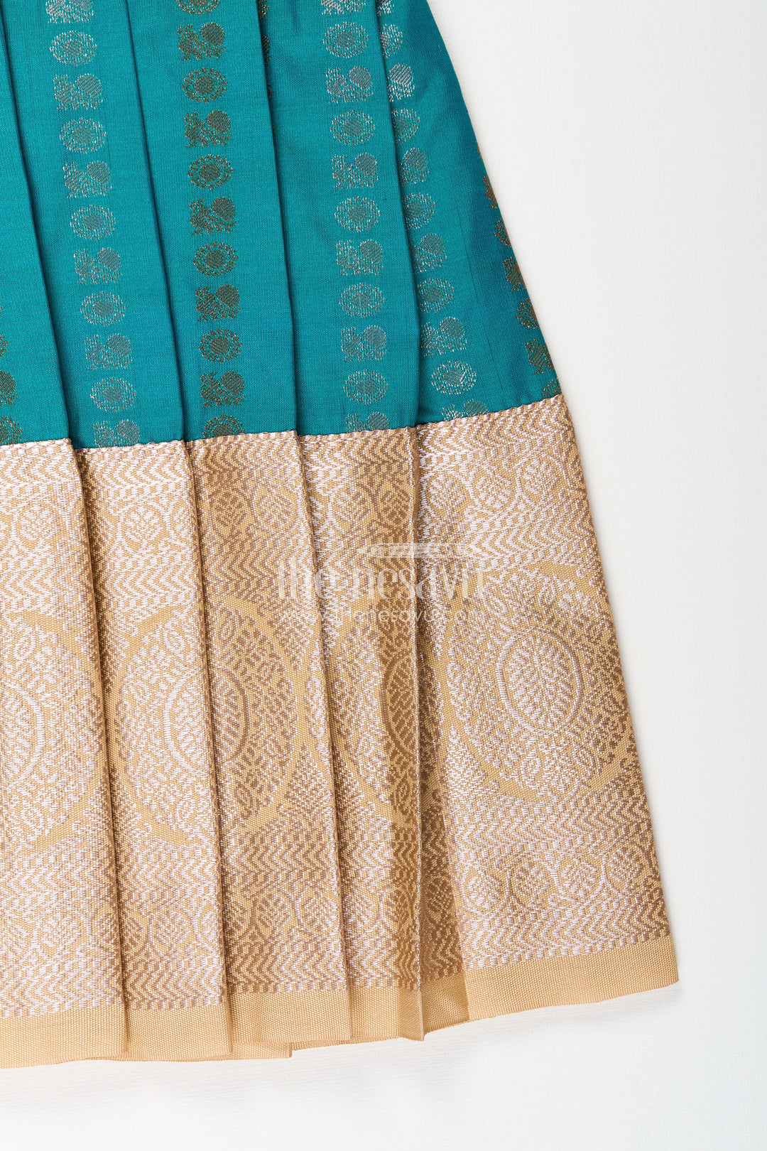 The Nesavu Girls Kanchi Silk Frock Baby Girl Kanchipuram Silk Frock for Traditional and Festive Wear Nesavu Nesavu baby girl kanchipuram silk frock in teal green and gold for festive and wedding wear
