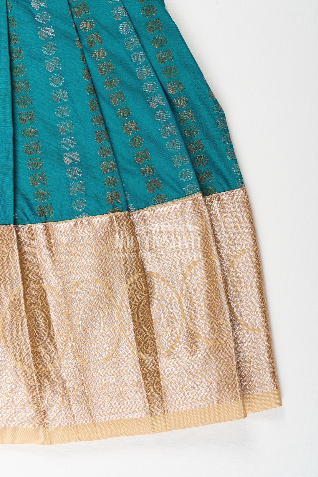 The Nesavu Girls Kanchi Silk Frock Baby Girl Kanchipuram Silk Frock for Traditional and Festive Wear Nesavu Nesavu baby girl kanchipuram silk frock in teal green and gold for festive and wedding wear