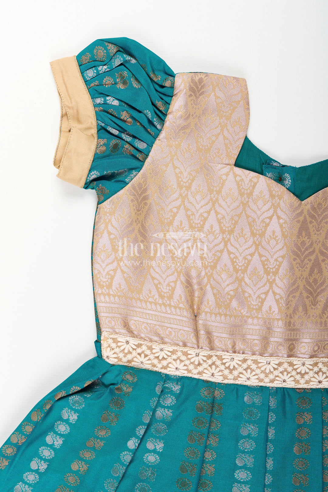 The Nesavu Girls Kanchi Silk Frock Baby Girl Kanchipuram Silk Frock for Traditional and Festive Wear Nesavu Nesavu baby girl kanchipuram silk frock in teal green and gold for festive and wedding wear