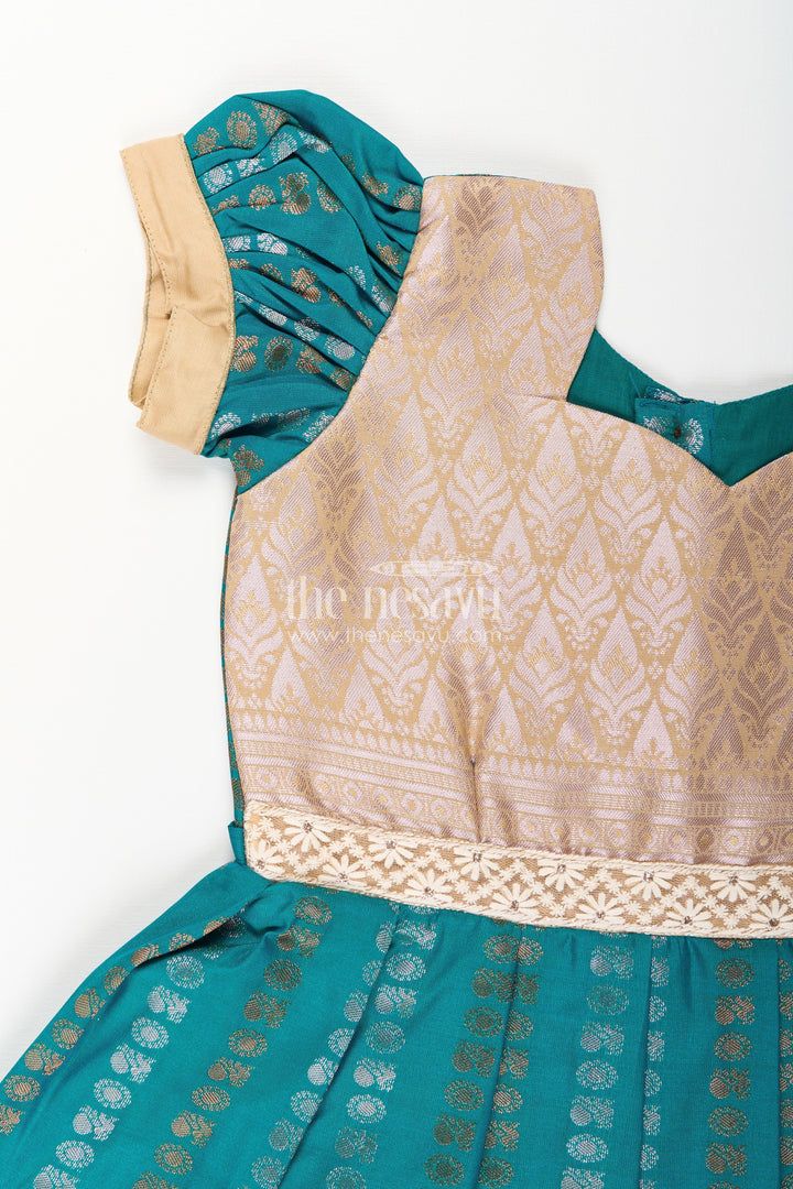The Nesavu Girls Kanchi Silk Frock Baby Girl Kanchipuram Silk Frock for Traditional and Festive Wear Nesavu Nesavu baby girl kanchipuram silk frock in teal green and gold for festive and wedding wear