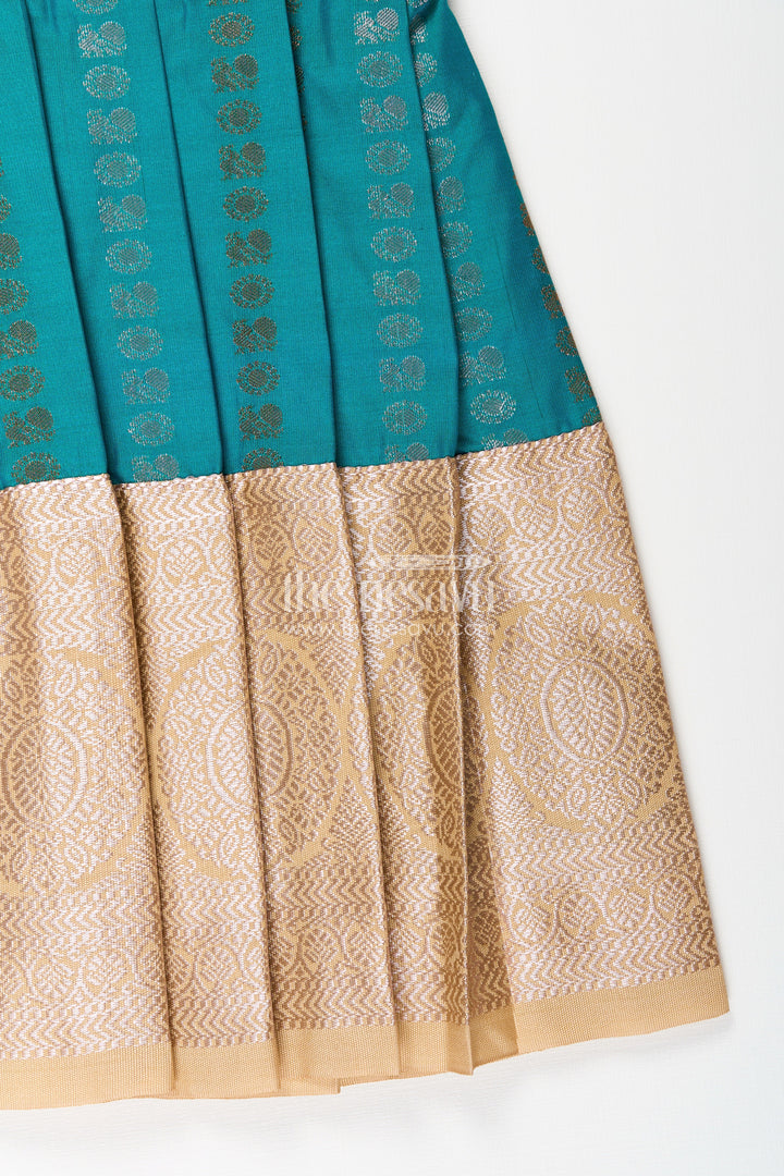 The Nesavu Girls Kanchi Silk Frock Baby Girl Kanchipuram Silk Frock for Traditional and Festive Wear Nesavu Nesavu baby girl kanchipuram silk frock in teal green and gold for festive and wedding wear