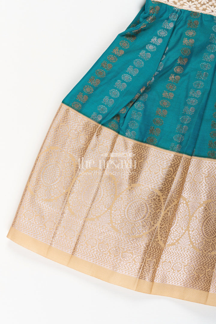 The Nesavu Girls Kanchi Silk Frock Baby Girl Kanchipuram Silk Frock for Traditional and Festive Wear Nesavu Nesavu baby girl kanchipuram silk frock in teal green and gold for festive and wedding wear