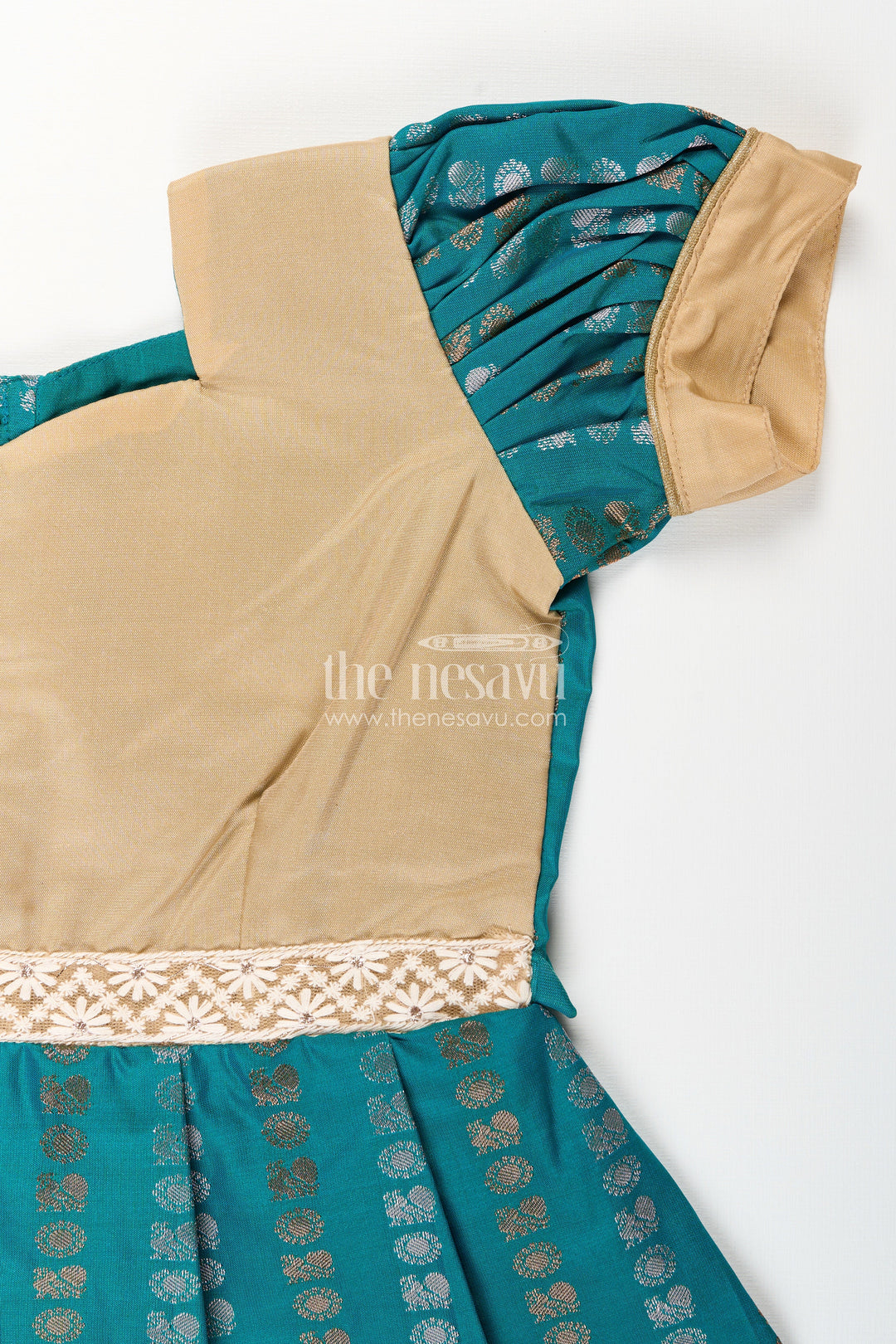 The Nesavu Girls Kanchi Silk Frock Baby Girl Kanchipuram Silk Frock for Traditional and Festive Wear Nesavu Nesavu baby girl kanchipuram silk frock in teal green and gold for festive and wedding wear